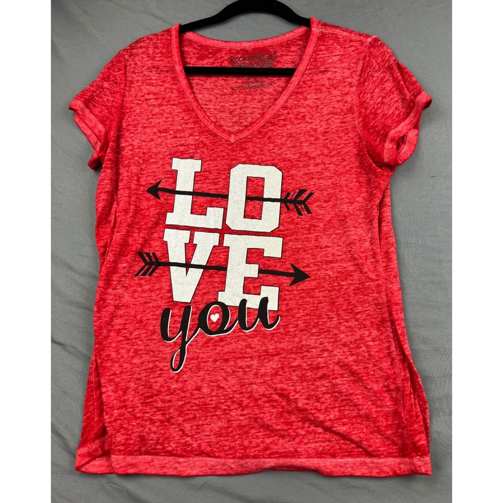 Rocker Girl Graphic Tee Women XL Love You Red Burnout V-Neck Short Sleeve Good